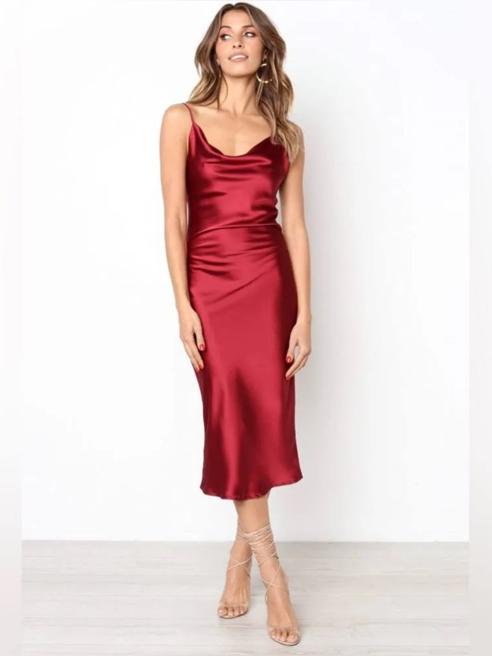 Petal & Pup Persia Red Satin Cowl Neck Midi Dress
